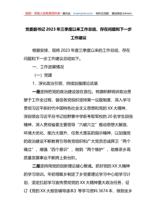 党委副书记2023年三季度以来工作总结、存在问题和下一步工作建议