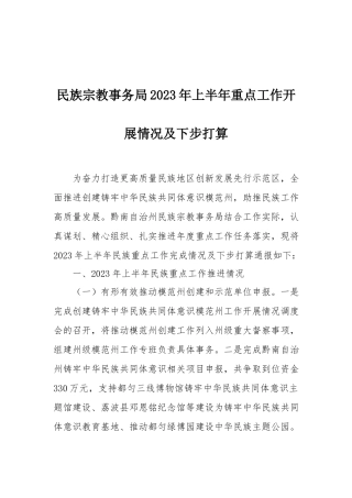2023上半年工作总结：民族宗教事务局2023年上半年重点工作开展情况及下步打算