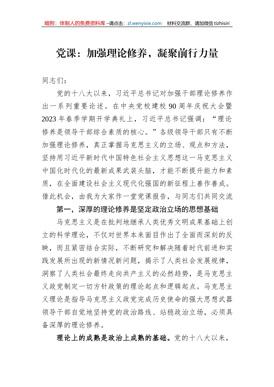 党课：加强理论修养，凝聚前行力量_第1页