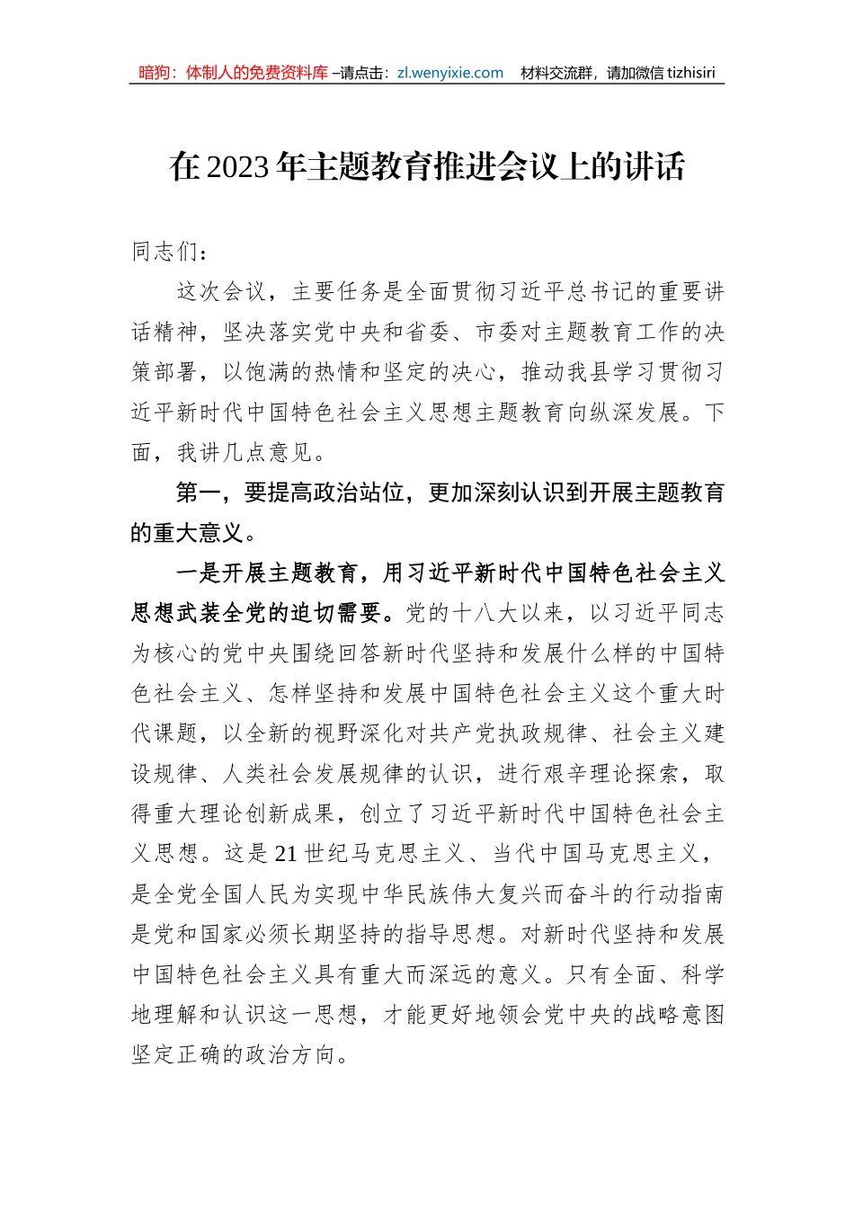 在2023年主题教育推进会议上的讲话_第1页