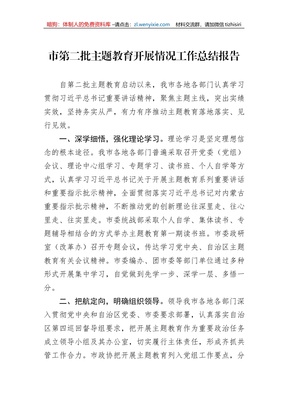 市第二批主题教育开展情况工作总结报告_第1页