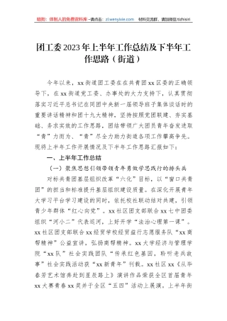 团工委2023年上半年工作总结及下半年工作思路（街道）