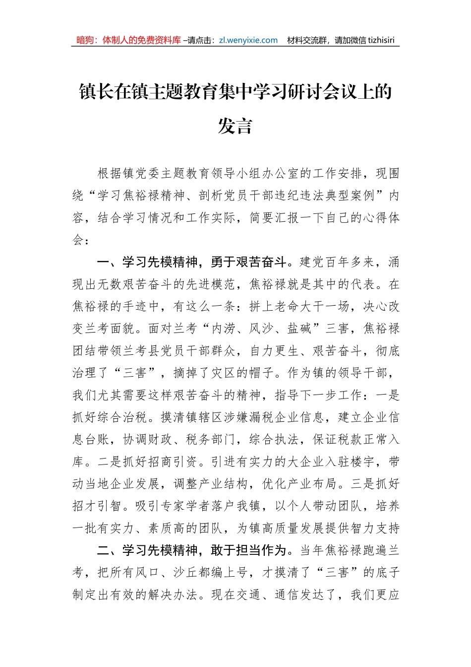 镇长在镇主题教育集中学习研讨会议上的发言_第1页