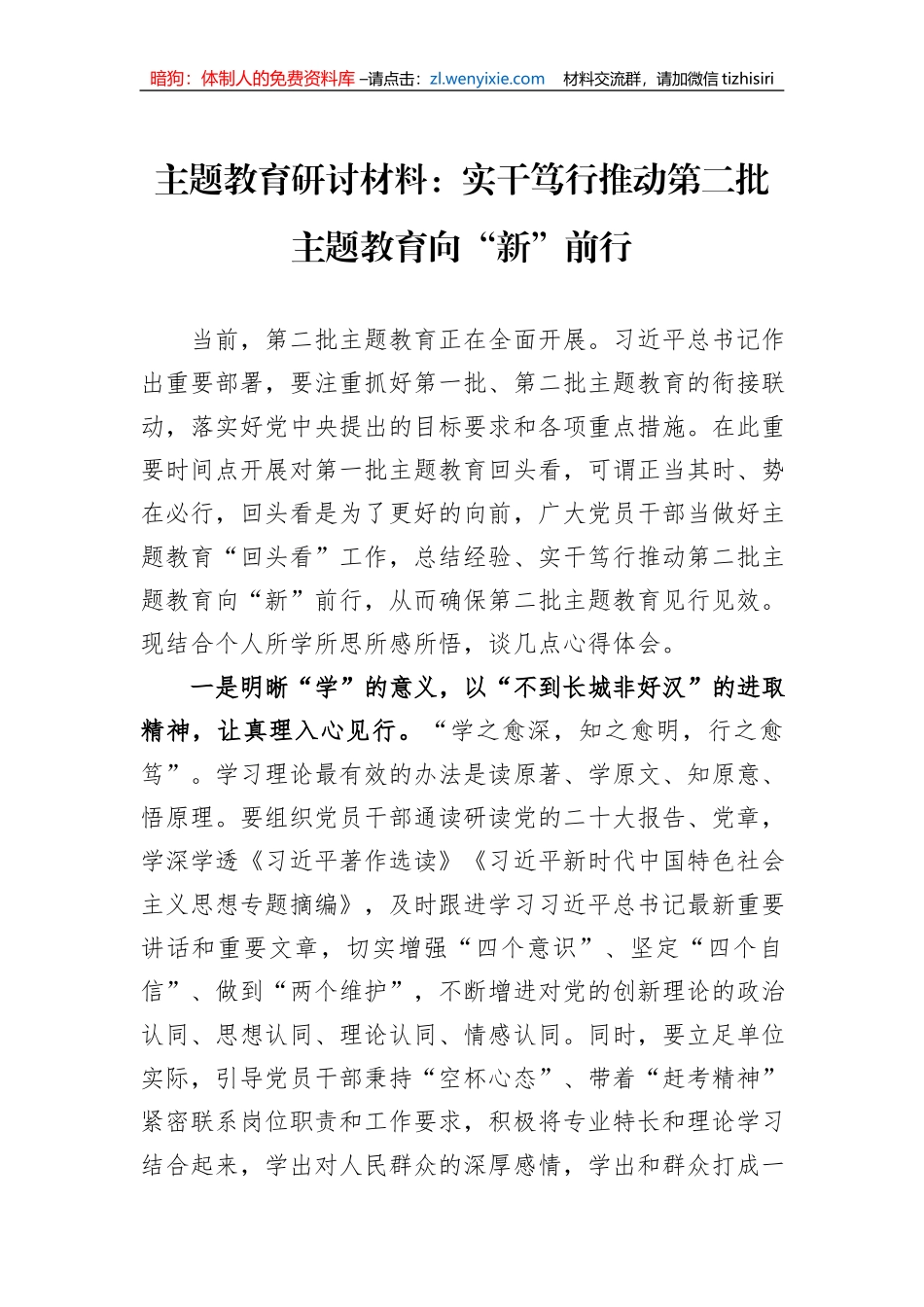 主题教育研讨材料：实干笃行推动第二批主题教育向“新”前行_第1页