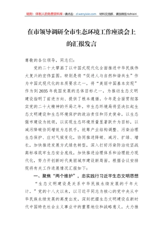 在市领导调研全市生态环境工作座谈会上的汇报发言