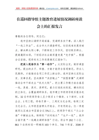 在巡回指导组主题教育进展情况调研座谈会上的汇报发言