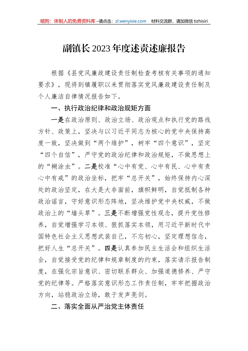 副镇长2023年度述责述廉报告_第1页