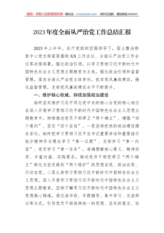 2023年度全面从严治党工作总结汇报