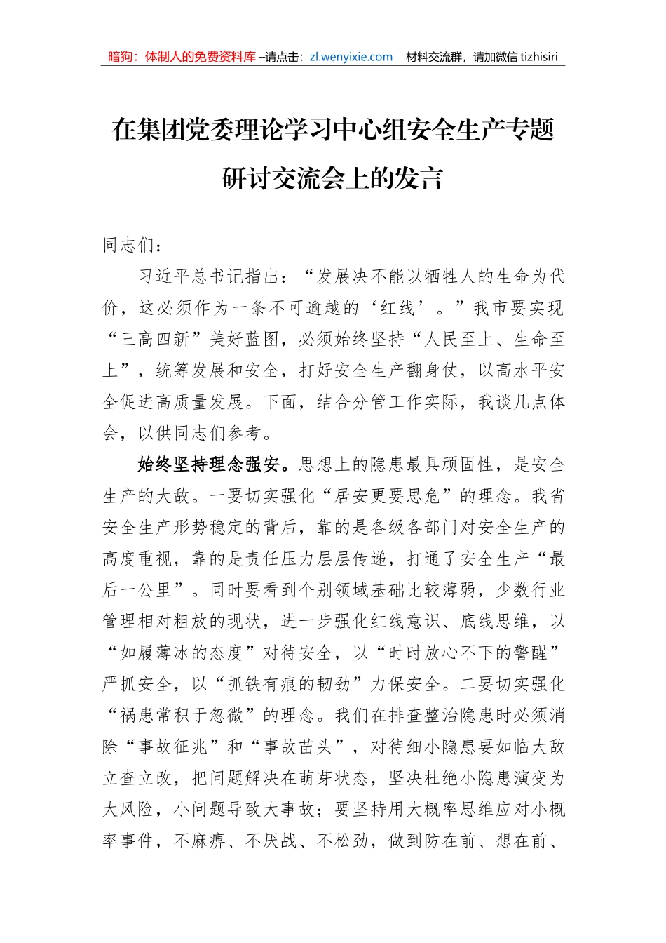 在集团党委理论学习中心组安全生产专题研讨交流会上的发言_第1页