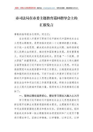 市司法局在市委主题教育巡回指导会上的汇报发言