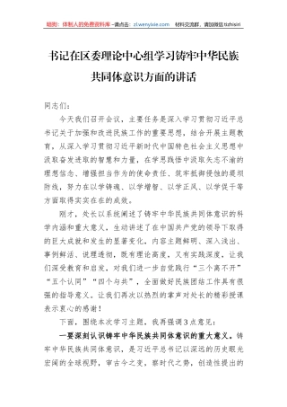 书记在区委理论中心组学习铸牢中华民族共同体意识方面的讲话
