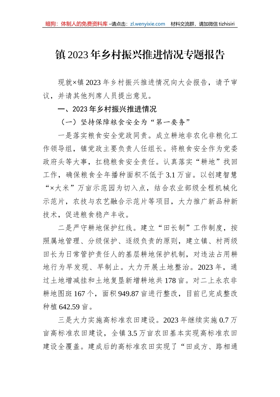 镇2023年乡村振兴推进情况专题报告_第1页