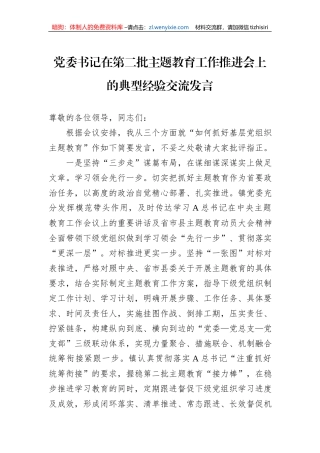 党委书记在第二批主题教育工作推进会上的典型经验交流发言