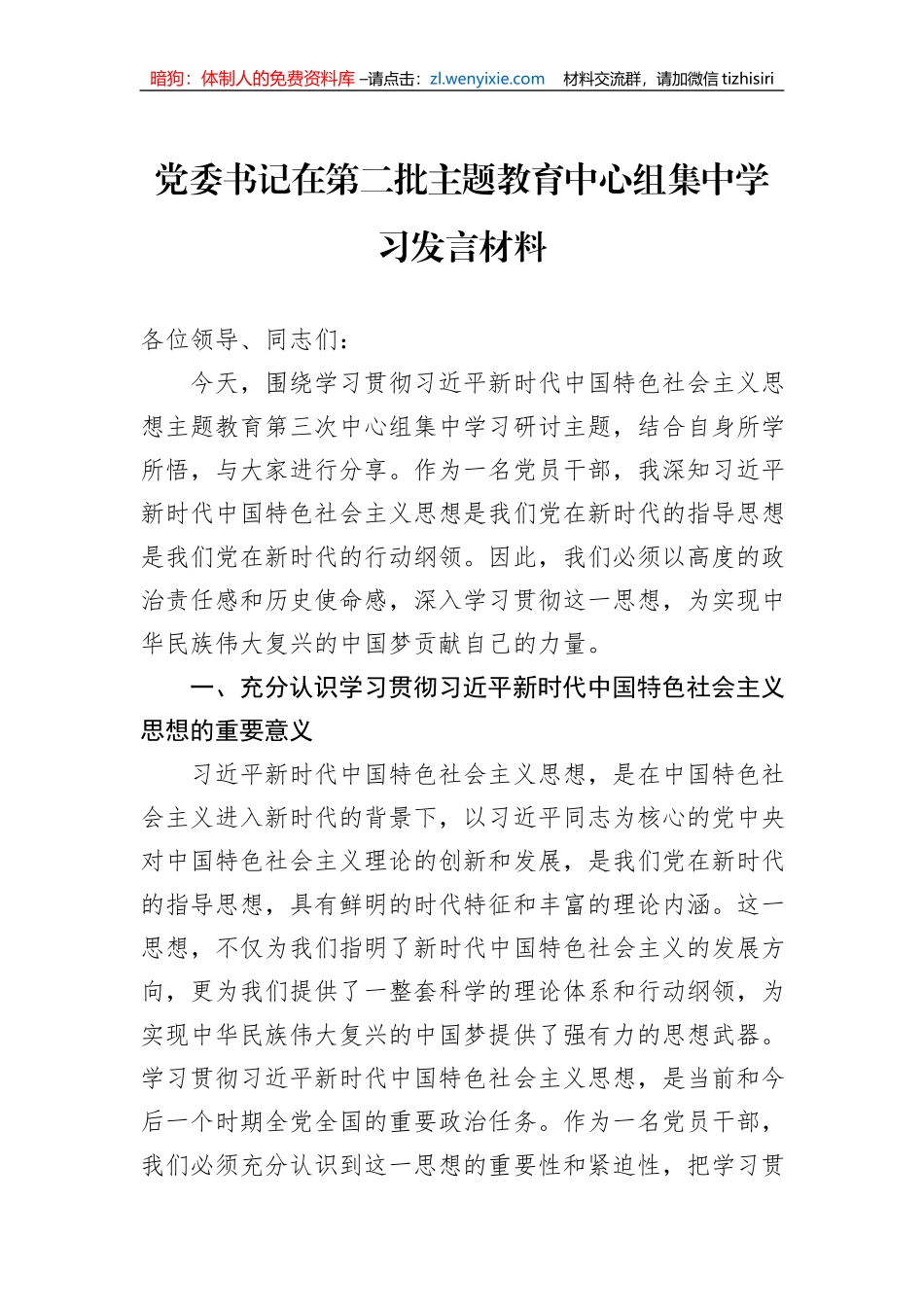 党委书记在第二批主题教育中心组集中学习发言材料_第1页