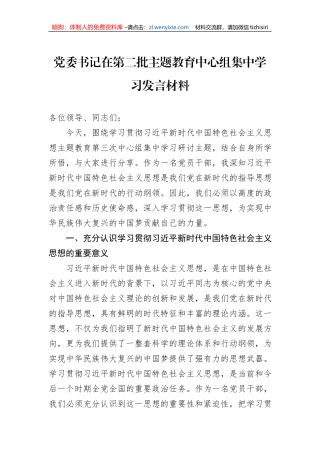 党委书记在第二批主题教育中心组集中学习发言材料