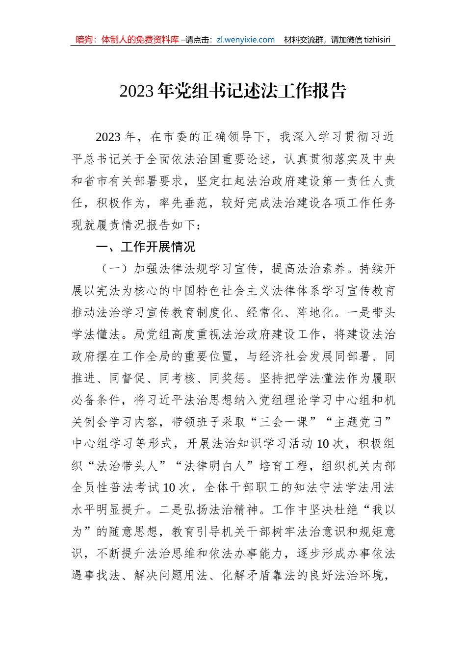 2023年党组书记述法工作报告1_第1页