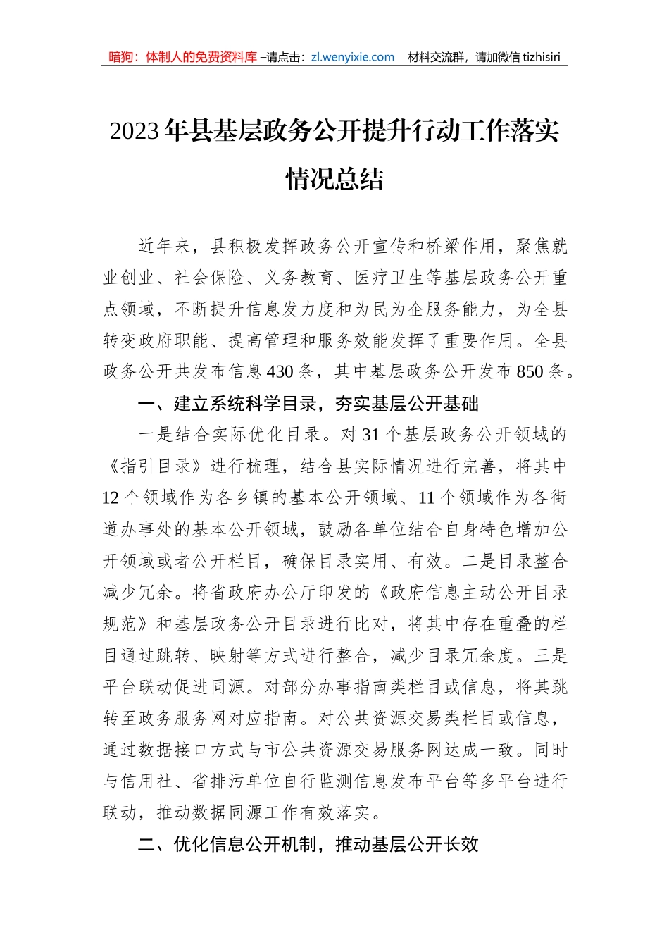 2023年县基层政务公开提升行动工作落实情况总结1_第1页