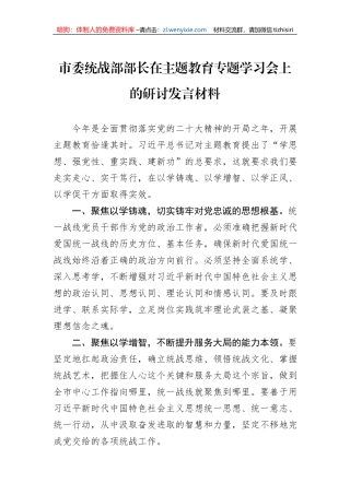 市委统战部部长在主题教育专题学习会上的研讨发言材料1