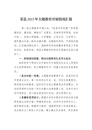某县2023年主题教育开展情况汇报
