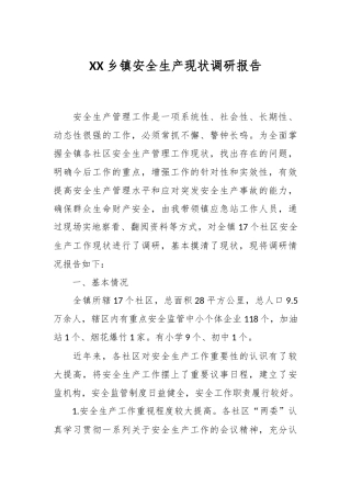 XX乡镇安全生产现状调研报告