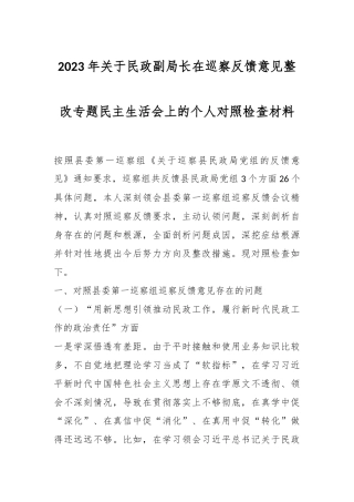 2023年关于民政副局长在巡察反馈意见整改专题民主生活会上的个人对照检查材料