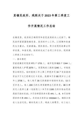 某镇民政所、残联关于2023年第三季度工作开展情况工作总结