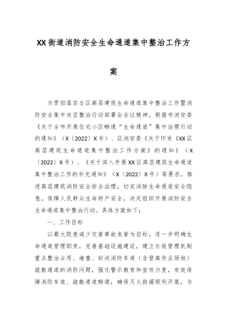 XX街道消防安全生命通道集中整治工作方案