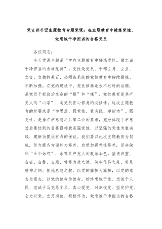 党支部书记主题教育专题党课：在主题教育中锤炼党性，做忠诚干净担当的合格党员