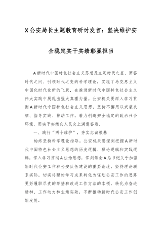 X公安局长主题教育研讨发言：坚决维护安全稳定实干实绩彰显担当