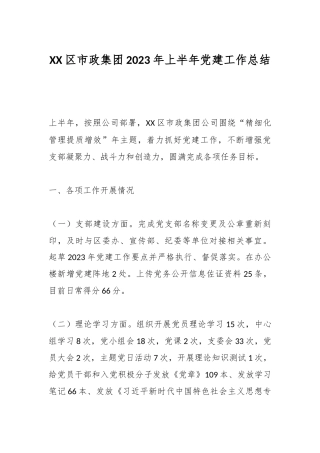 XX区市政集团2023年上半年党建工作总结