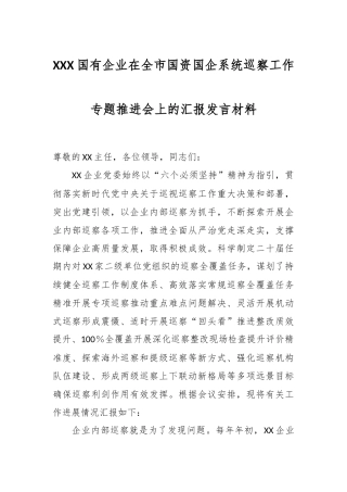 XXX国有企业在全市国资国企系统巡察工作专题推进会上的汇报发言材料