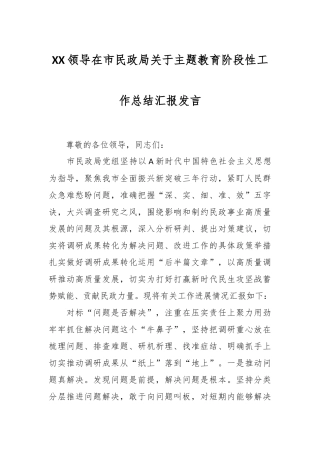 XX领导在市民政局关于主题教育阶段性工作总结汇报发言