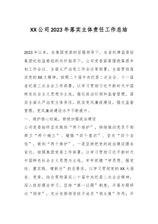 XX公司2023年落实主体责任工作总结