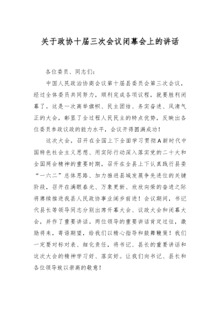关于政协十届三次会议闭幕会上的讲话