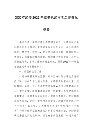 XXX市纪委2023年监督执纪问责工作情况报告