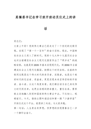 某镇委书记在学习班开班动员仪式上的讲话