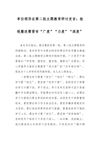 单位领导在第二批主题教育研讨发言：检视整改需要有“广度”“力度”“深度”