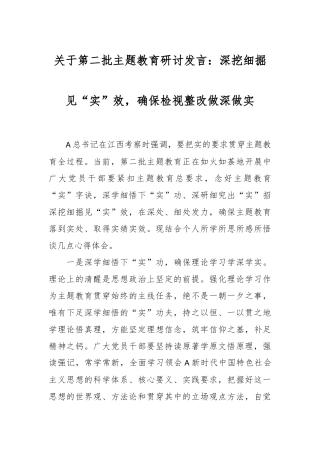 关于第二批主题教育研讨发言：深挖细掘见“实”效，确保检视整改做深做实