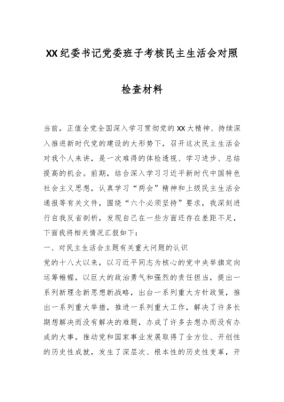 XX纪委书记党委班子考核民主生活会对照检查材料
