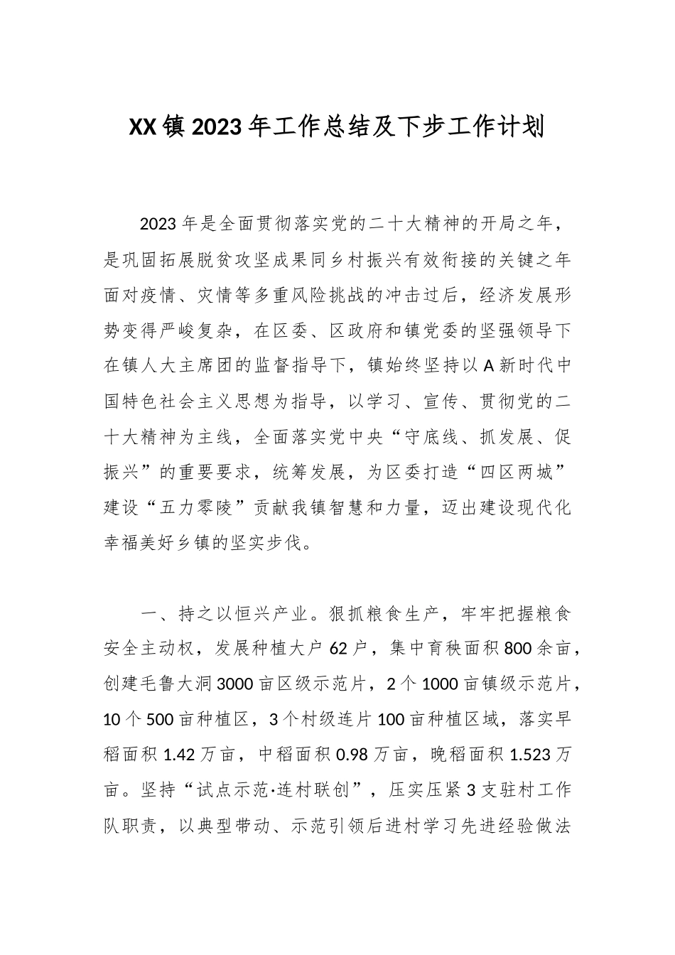 XX镇2023年工作总结及下步工作计划_第1页