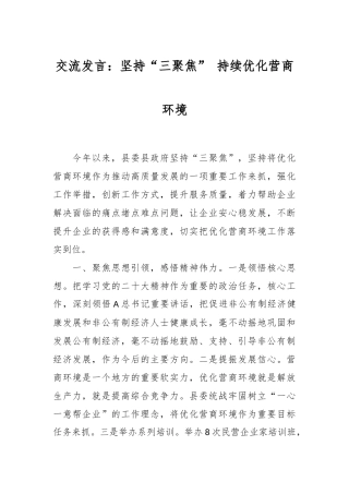 交流发言：坚持“三聚焦” 持续优化营商环境