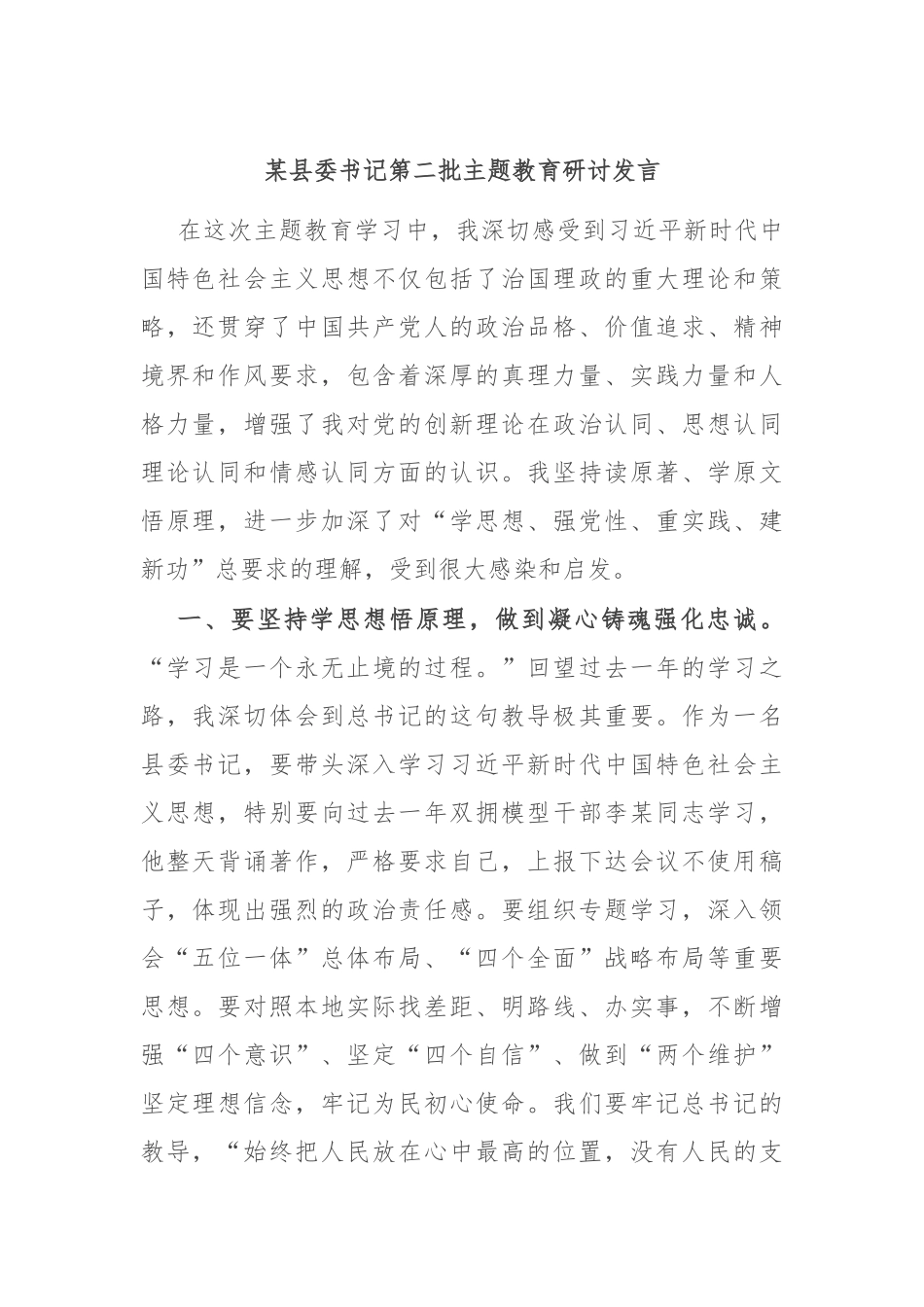 某县委书记第二批主题教育研讨发言_第1页