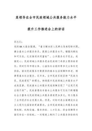 某领导在全市民政领域公共服务能力水平提升工作推进会上的讲话