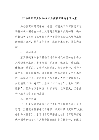 XX市局学习贯彻2023年主题教育理论学习方案