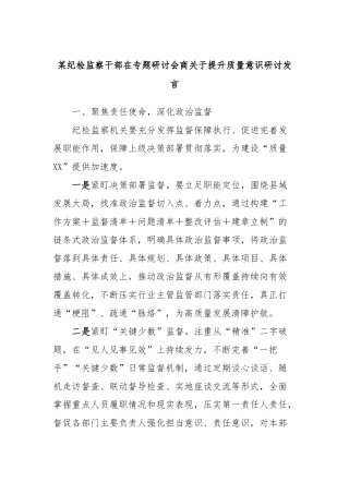 某纪检监察干部在专题研讨会商关于提升质量意识研讨发言
