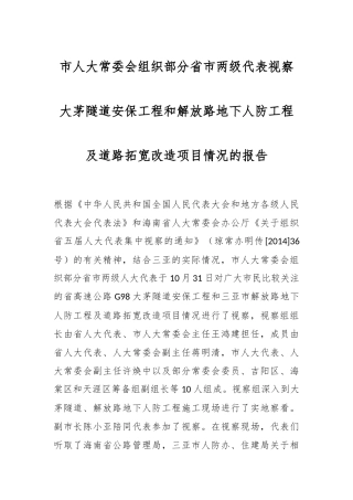 市人大常委会组织部分省市两级代表视察 大茅隧道安保工程和解放路地下人防工程及道路拓宽 改造项目情况的