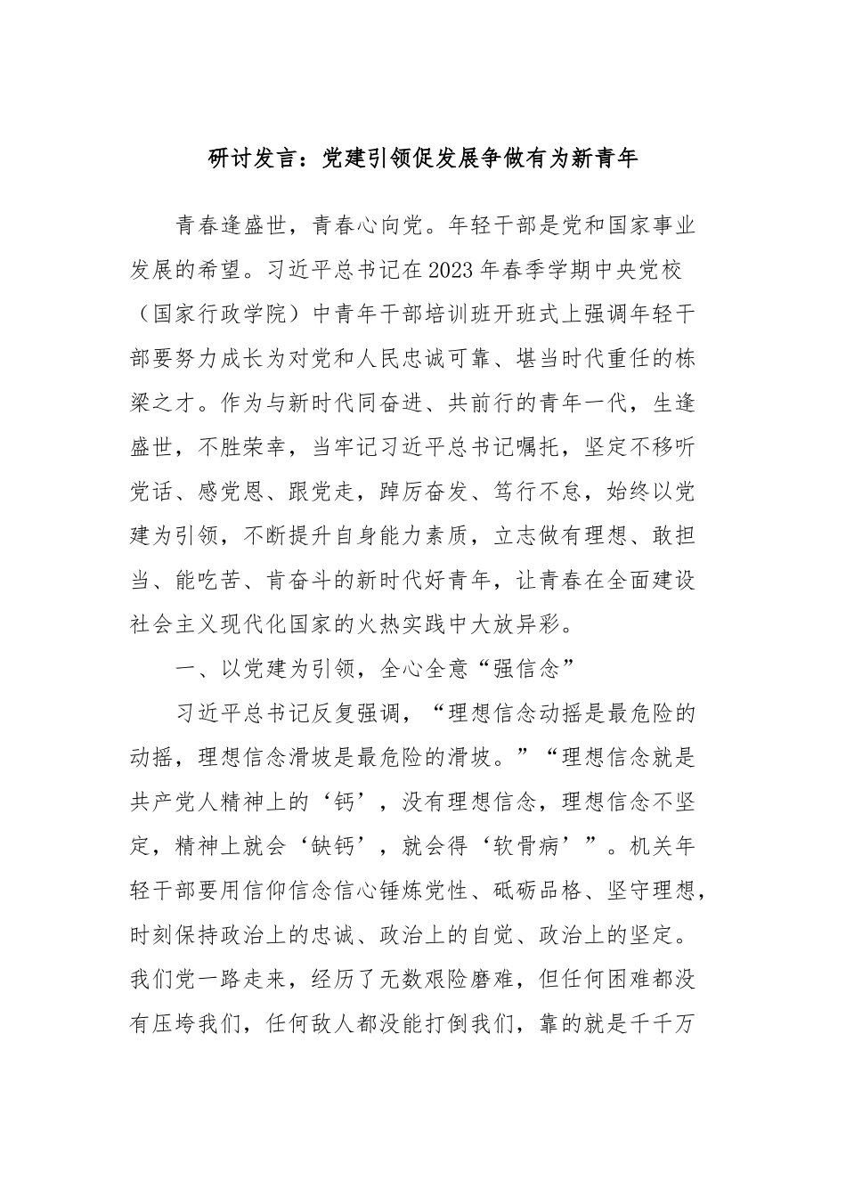 研讨发言：党建引领促发展争做有为新青年_第1页