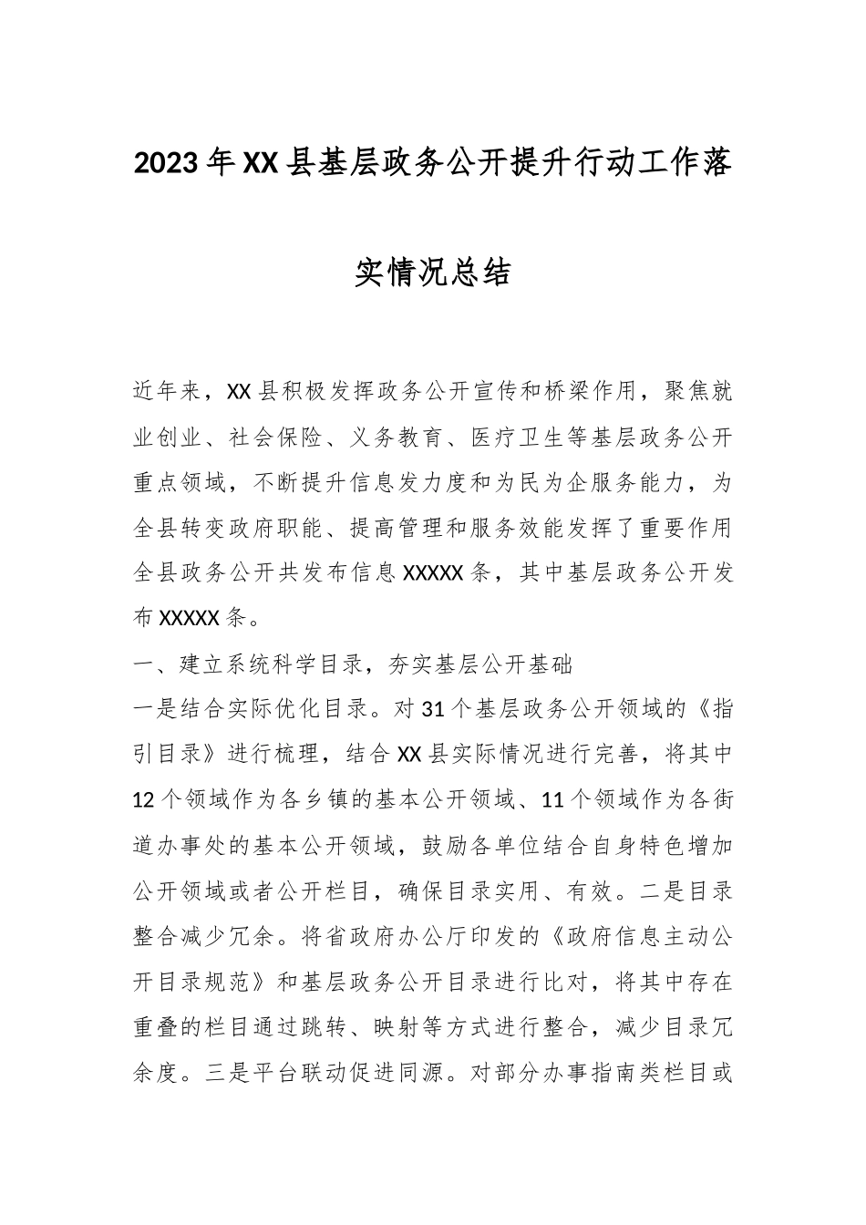 2023年XX县基层政务公开提升行动工作落实情况总结_第1页