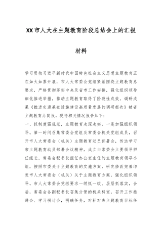XX市人大在主题教育阶段总结会上的汇报材料