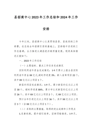 县招商中心2023年工作总结和2024年工作安排